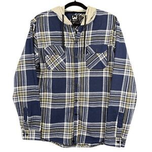WXYZ Mfg Co Men's Hooded Flannel Blue White Gold Plaid‎ Drawstring Size XL